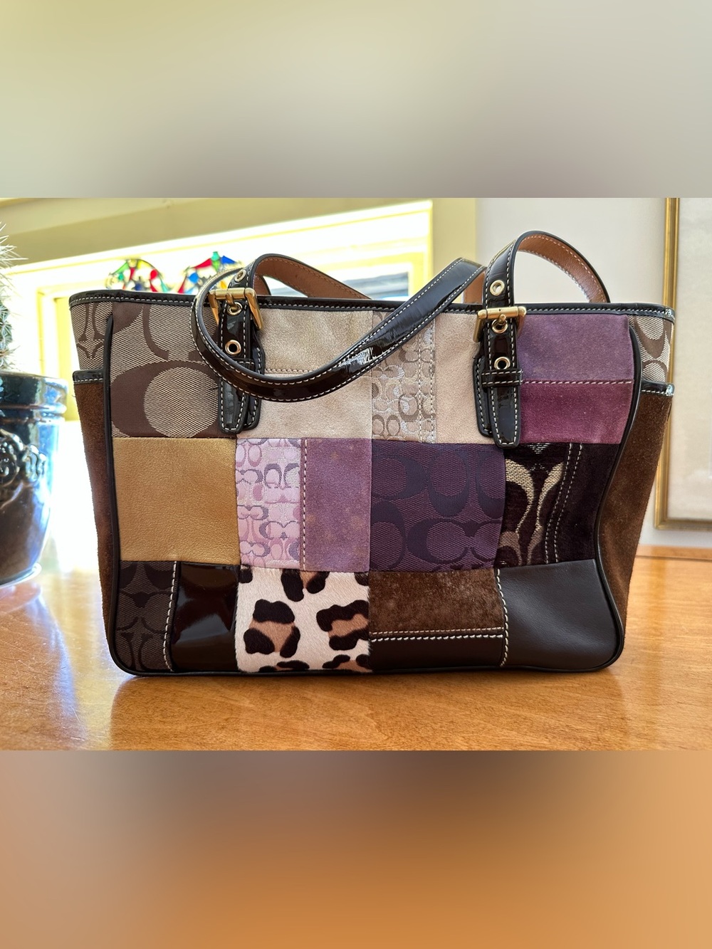 Coach Patchwork Tote Bag in Purple and Brown Accents